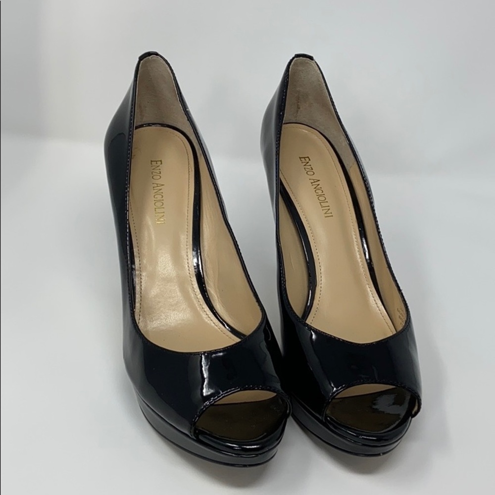 Black patent leather peep toe heels
